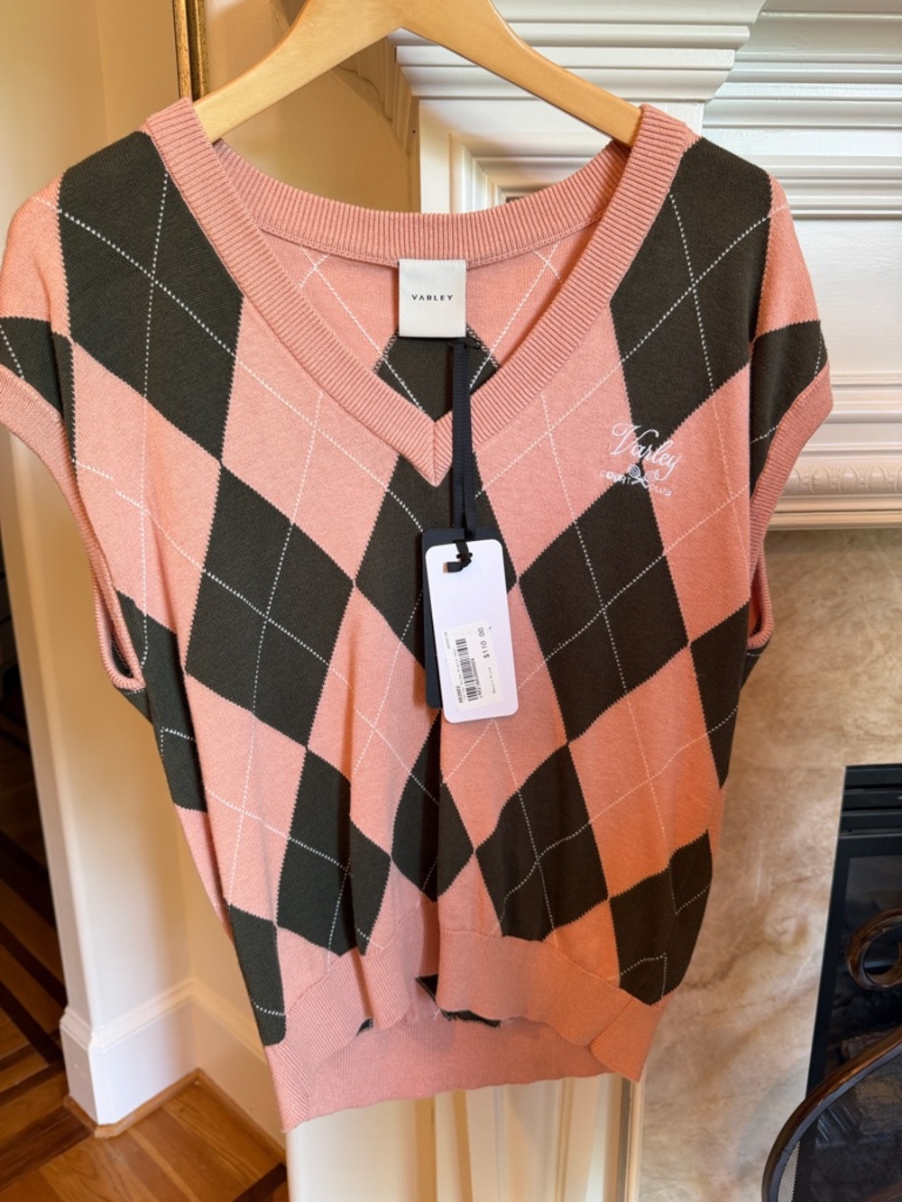 Varley Pink and Dark Green Argyle Sleeveless Knit Vest
